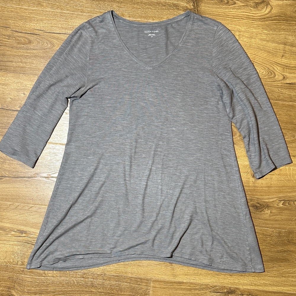 Eileen Fisher Taupe V-Neck 3/4 Sleeve Tunic Hemp Cotton Small
